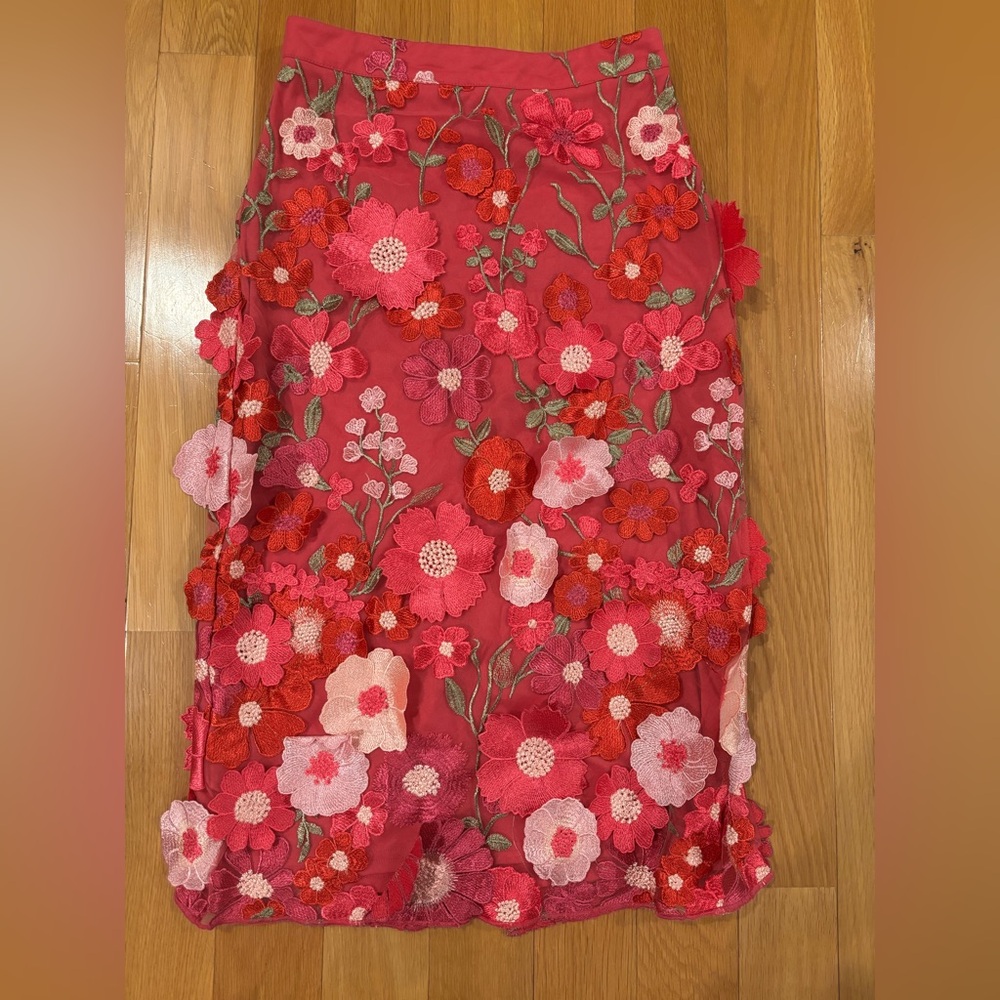 Lulu's Hot Pink Floral Appliqué Midi Skirt - Picture 2 of 3